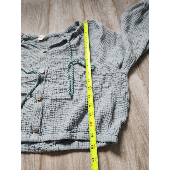 Cato Gauze Button Up Blouse Long Balloon Sleeve V Neck Tassels Blue Sz L EUC - Picture 6 of 7